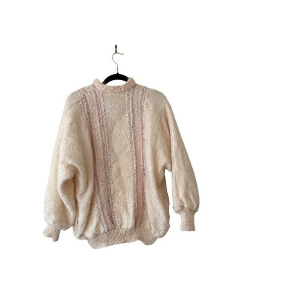 Vintage 80s Mohair Blend Zip-Up Cardigan Fuzzy Puffy Sleeves Ribbed Cuffs Retro - Picture 2 of 7